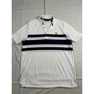Men’s L Ralph Lauren golf polo white blue stripes Wicking Sports  EUC preppy